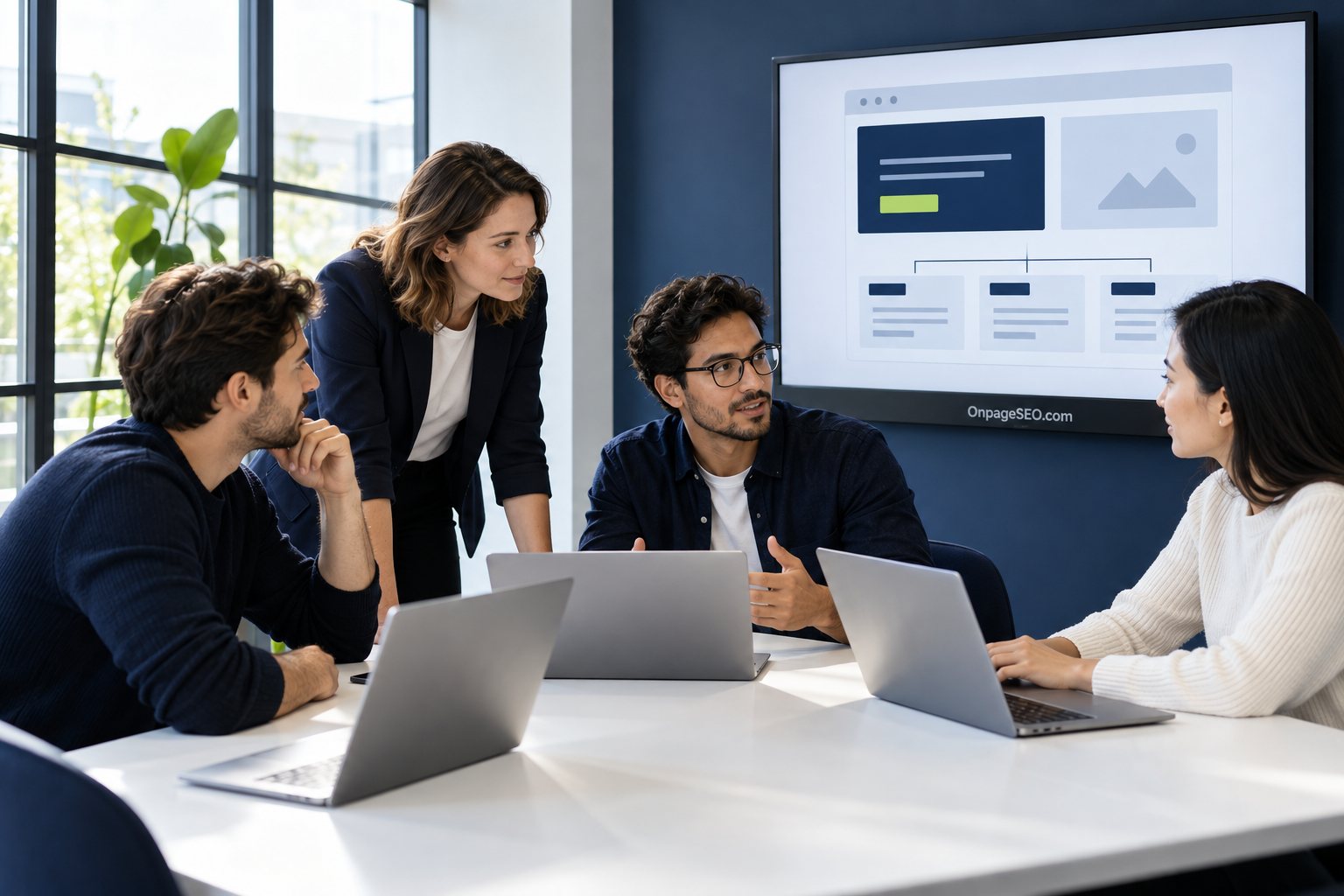 A content team discussing a web page at an OnpageSEO.com workspace