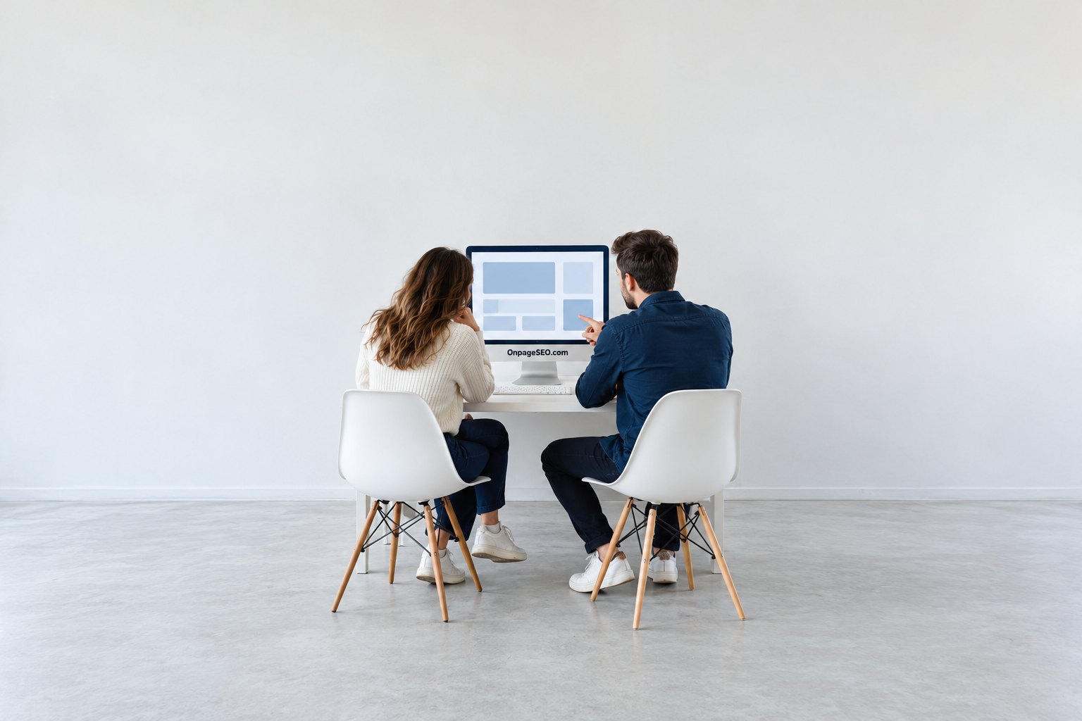 Two editors reviewing HTML on a monitor with OnpageSEO.com on its bezel