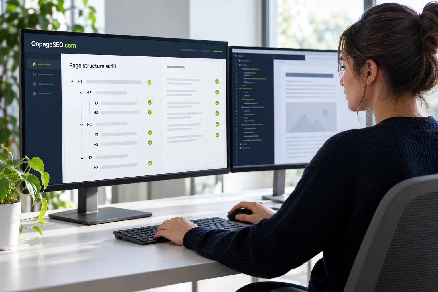 A developer inspecting HTML and page structure on a monitor