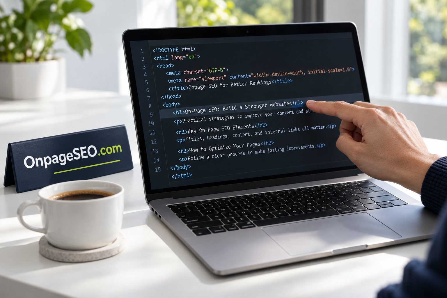 An editor pointing to HTML on a laptop beside an OnpageSEO.com name card